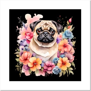 A pug decorated with beautiful watercolor flowers Posters and Art